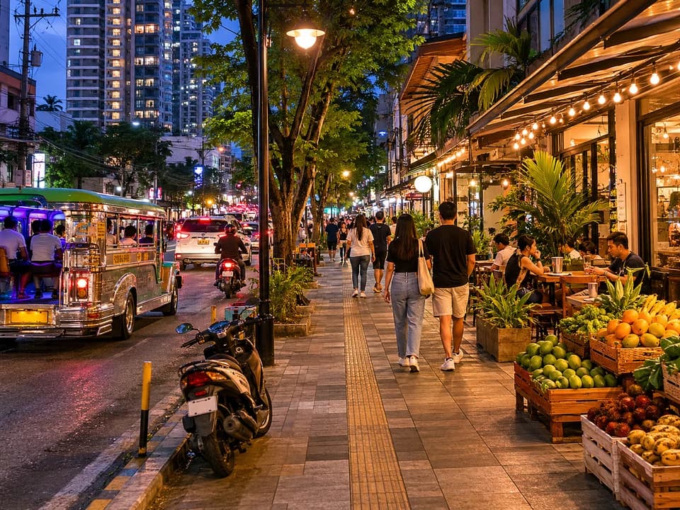 马尼拉晚间散步与街区灯光